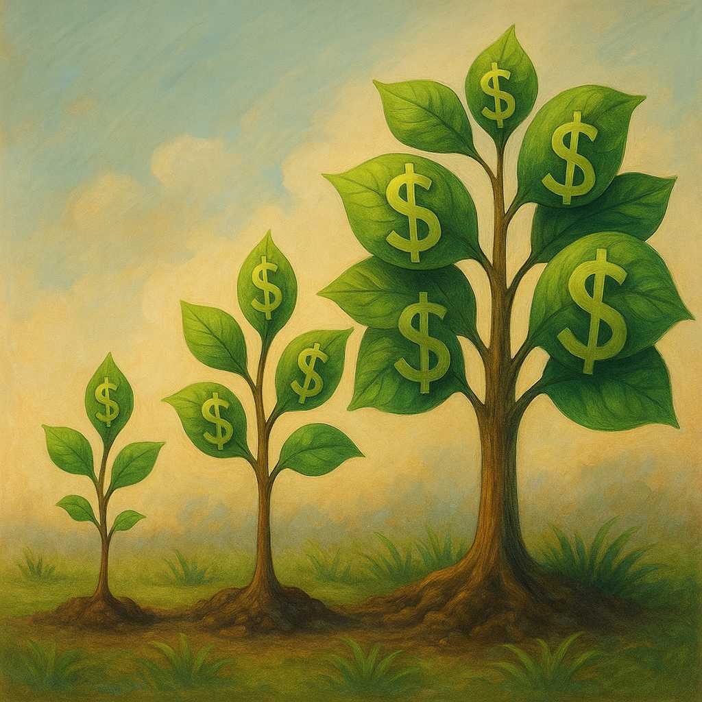 Semi-realistic digital art of three trees at different growth stages, each with dollar-shaped leaves, symbolizing gradual financial growth in a colorful yet elegant style.