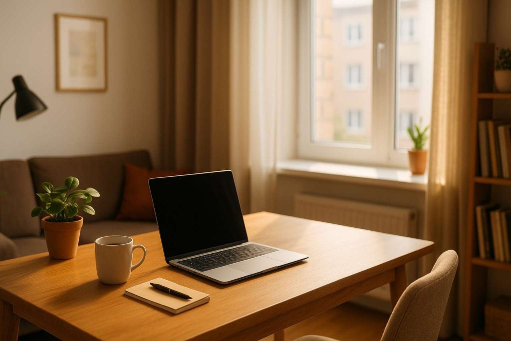 A cozy modern home office with a wooden desk, laptop, coffee cup, notepad, and plant, bathed in warm natural light from a nearby window.