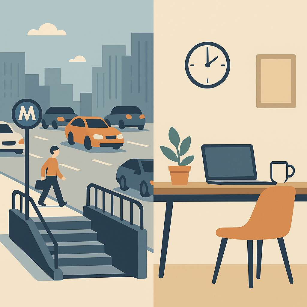 A conceptual split illustration showing a busy city commute with cars and subway entrance on one side, and a calm home office with desk, laptop, and plant on the other.