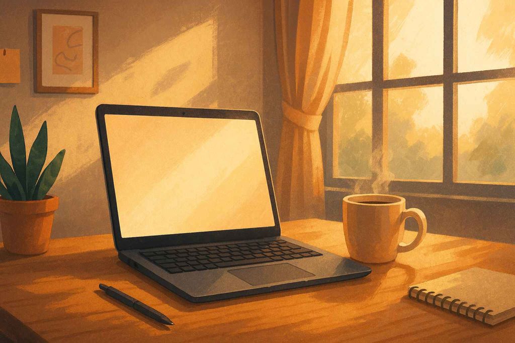 Semi-realistic digital illustration of a cozy workspace with a laptop on a wooden desk, a steaming coffee mug, a notebook, and a plant, all bathed in warm natural light coming through the window.
