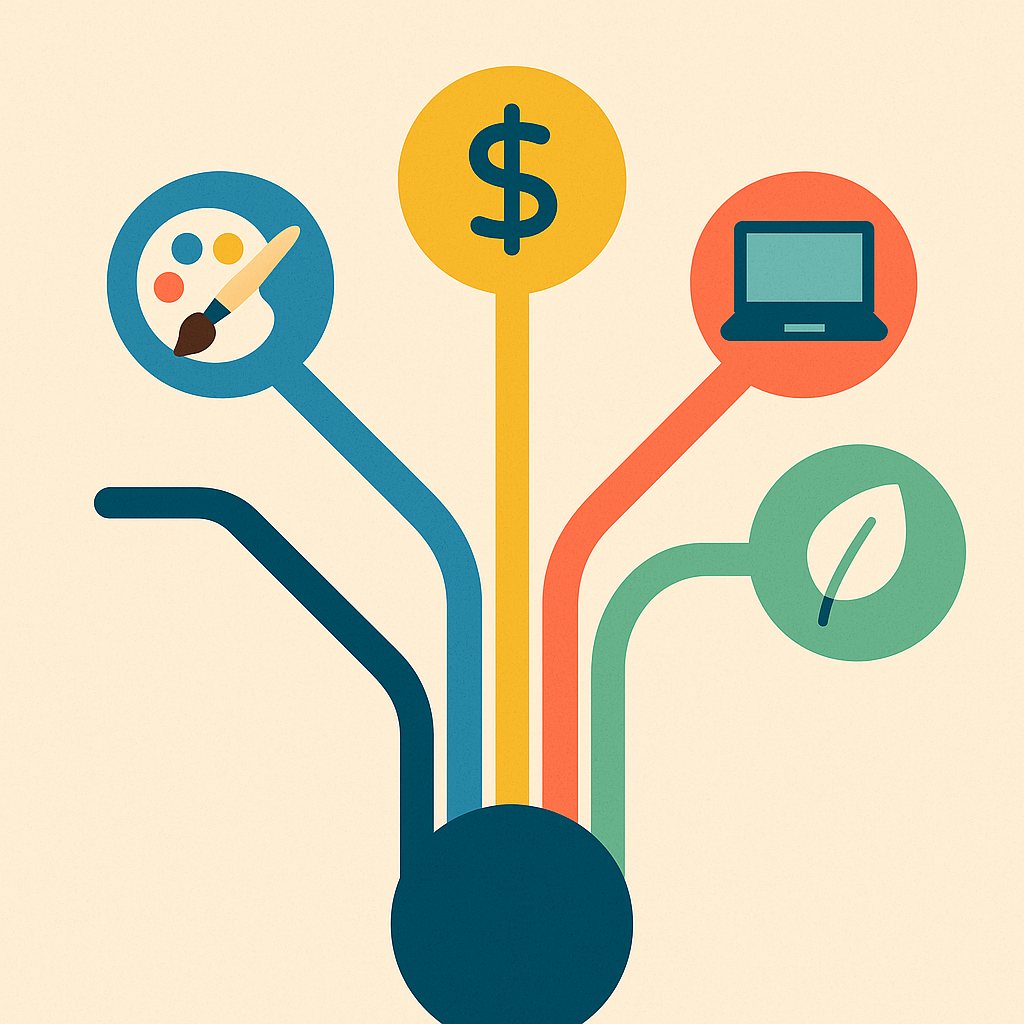 Minimalist vector illustration of multiple colorful paths branching out from a central point, each leading to icons representing creativity, finance, technology, and wellness.
