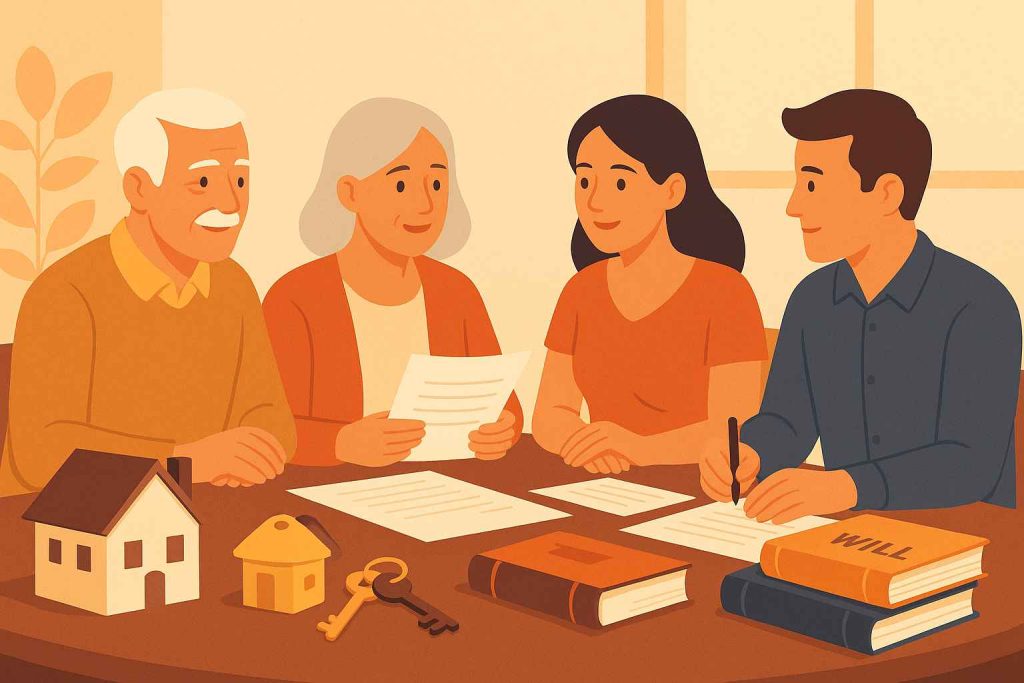 A warm-toned illustration of a family sitting together at a table with documents, house models, keys, and legal books, symbolizing inheritance planning in a professional yet approachable style.