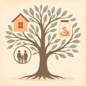 A symbolic illustration of a tree with branches holding a house, a savings jar, and family silhouettes, representing legacy and future protection in a minimalistic, soft-toned style.