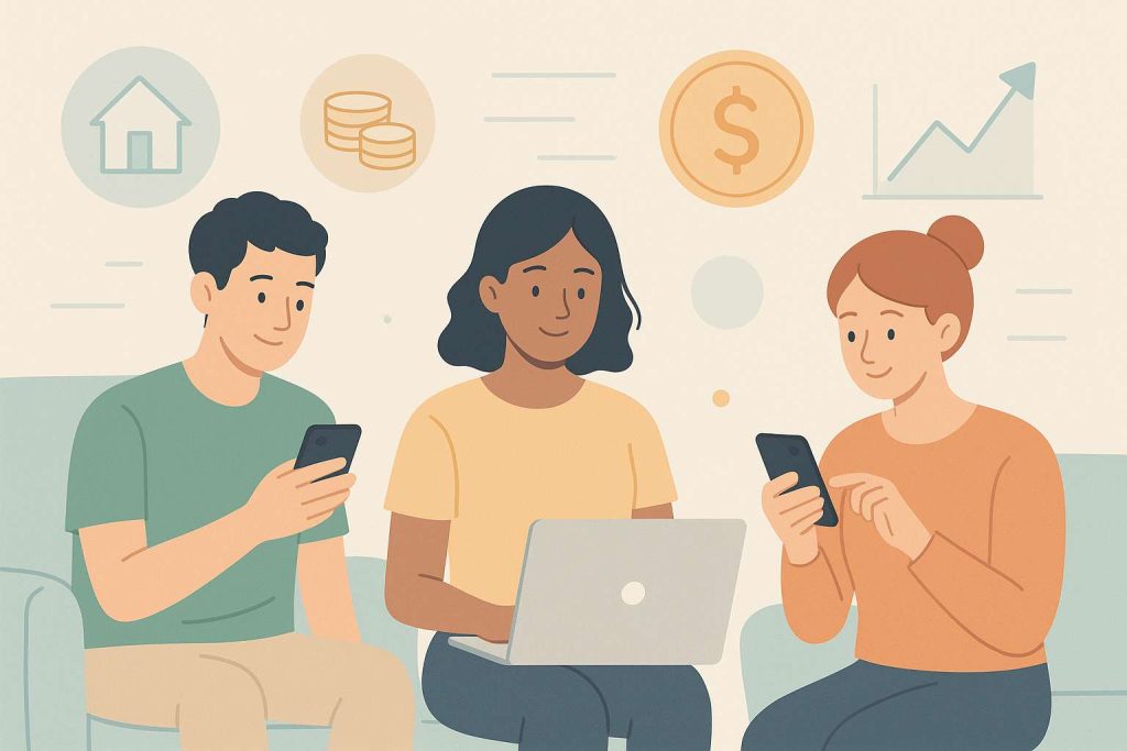 A flat-style digital illustration of three young adults managing money with laptops and phones, surrounded by icons of houses, coins, dollar signs, and charts in soft pastel tones.