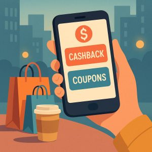 Modern flat illustration of a hand holding a smartphone displaying cashback and coupon apps, with shopping bags and a coffee cup in the foreground, and an urban background with subtle lights.