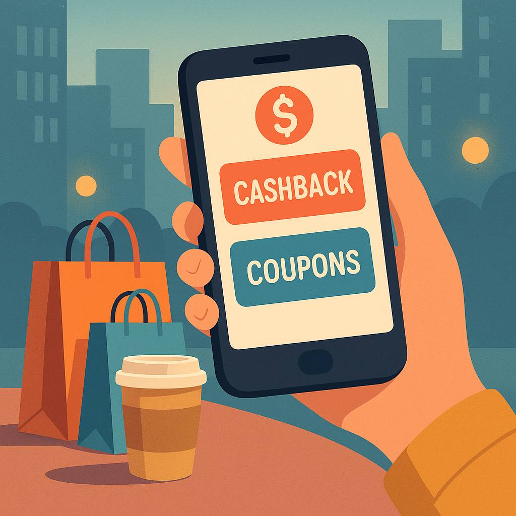 Modern flat illustration of a hand holding a smartphone displaying cashback and coupon apps, with shopping bags and a coffee cup in the foreground, and an urban background with subtle lights.