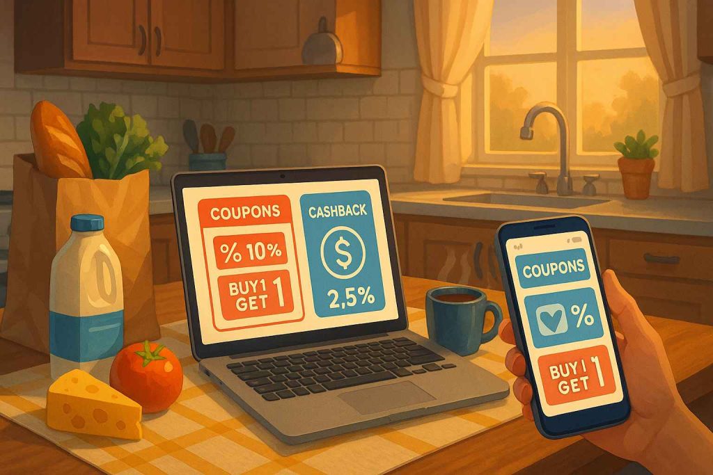 A cozy American kitchen with warm lighting, groceries on the table, and a laptop and smartphone open on shopping apps showing coupons and cashback deals.
