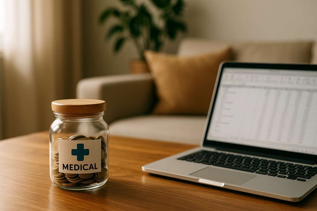 A symbolic still-life featuring neatly stacked coins and a stethoscope on a wooden surface, with a green plant blurred in the background, representing balance and financial growth in a clean, photorealistic composition.