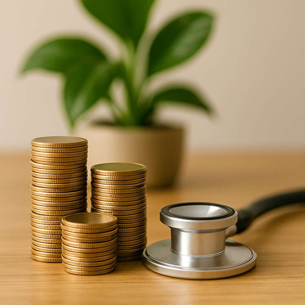 A photorealistic still-life showing stacked gold coins and a stethoscope on a wooden surface, with a blurred green plant in the background symbolizing growth and financial balance.