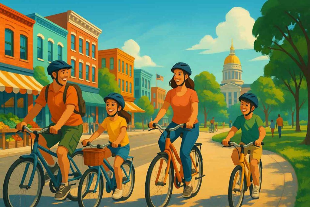 A vibrant digital illustration of a family cycling through a sunny U.S. city, surrounded by colorful buildings, a market, and a park with trees, creating a lively and realistic urban scene.