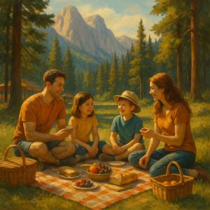 A semi-realistic painterly illustration of a family having a cozy picnic on a blanket in a national park, surrounded by tall trees and distant mountains, with baskets of food and warm natural tones.