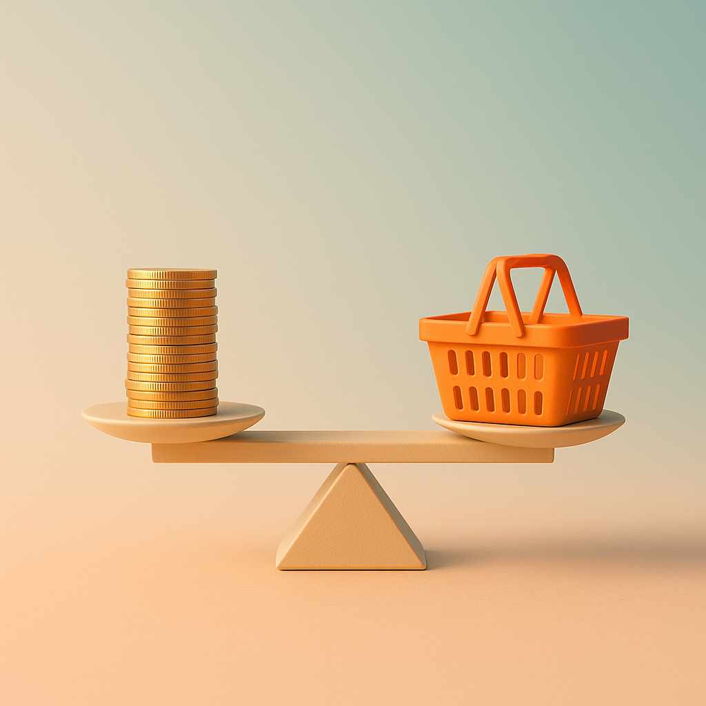 Minimalist illustration of a balance scale with a stack of coins on one side and a shopping basket on the other, symbolizing financial equilibrium, set against a soft gradient background.