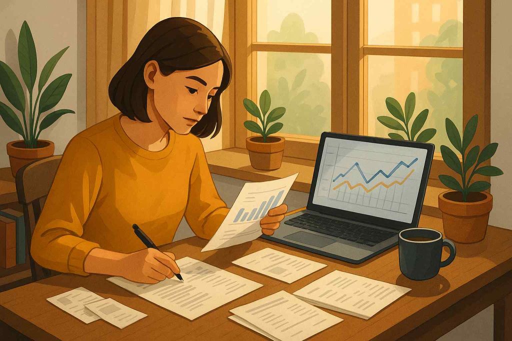 A young professional sits at a cozy wooden desk, reviewing financial documents with a laptop showing colorful graphs, warm sunlight streaming through a window, surrounded by potted plants and a coffee cup. 