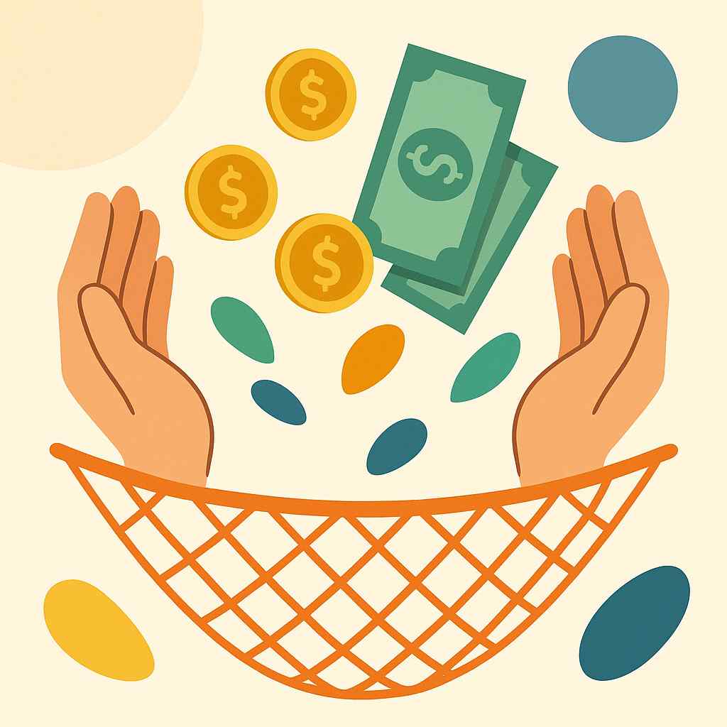 Minimalist illustration of two open hands holding coins and bills above an orange net, surrounded by colorful abstract shapes symbolizing financial security and stability.