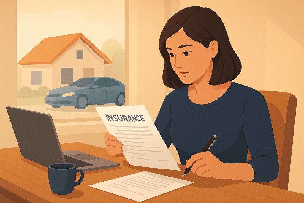 A digital illustration of a woman reviewing insurance documents at a modern desk, with a house and a car visible in the background, symbolizing financial planning and protection in a warm, minimalistic style.