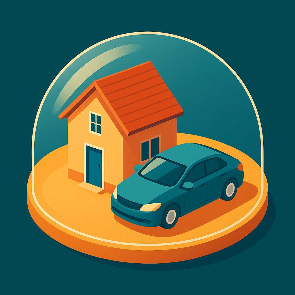 An isometric digital illustration of a house and a car placed side by side under a transparent dome, symbolizing financial security and cost control with vibrant, sophisticated colors.