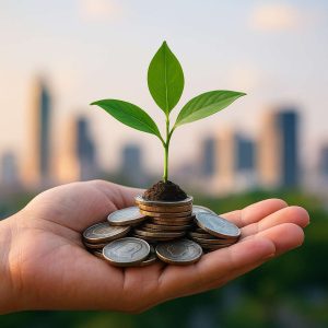 A symbolic image of growth: a hand holding coins with a small green plant sprouting from them, against a blurred city skyline background.