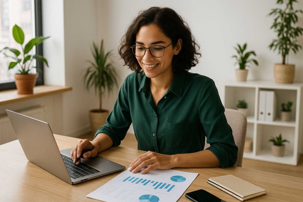 A modern small business owner with curly hair and glasses works in a bright, plant-filled workspace, using a laptop and reviewing financial charts at a wooden desk.