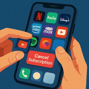 A smartphone close-up showing multiple streaming app icons, with a hand hovering over a bright red “cancel subscription” button, designed in a colorful minimalist digital art style.