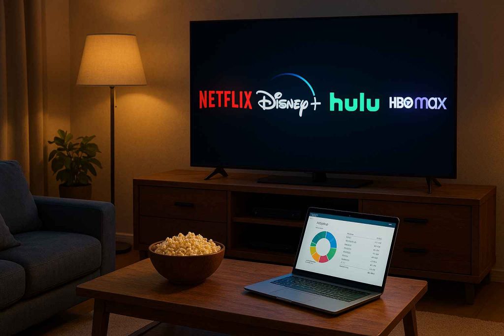 A cozy living room with a modern TV displaying glowing streaming service logos, a coffee table with popcorn, and a laptop showing a budgeting app under warm evening lighting.