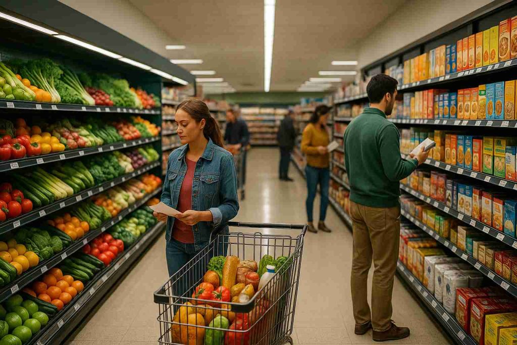 A bright supermarket aisle with fresh produce, cereals, and household essentials neatly organized. Shoppers browse calmly, some holding lists while others compare products, under natural lighting in a realistic, modern setting.