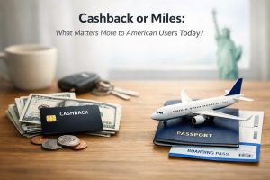 A high-quality image showing a financial comparison between cashback and travel rewards, featuring a credit card placed on top of U.S. dollar bills and coins on one side, and a passport with a model airplane and boarding pass on the other, symbolizing the choice between immediate savings and travel benefits for modern consumers.