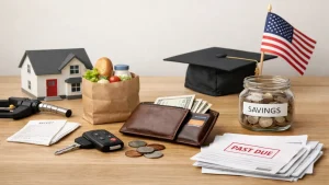 A carefully arranged scene representing finances in American households, featuring a wallet with cash, coins, a jar labeled savings, overdue bills, a grocery bag, a house model, car keys, and a graduation cap with a U.S. flag, illustrating how inflation shapes financial decisions, budget priorities, and everyday economic choices.