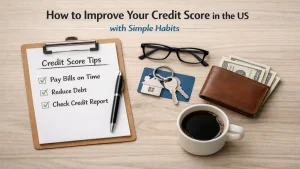 A clean workspace scene featuring a clipboard with handwritten credit score tips, including paying bills on time, reducing debt, and checking credit reports, alongside a wallet with cash, house keys, eyeglasses, and a cup of coffee, illustrating practical financial tips for improving credit in the US.