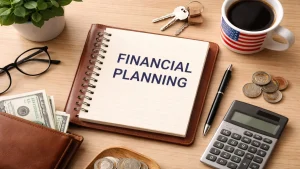 A neatly arranged workspace featuring a notebook labeled financial planning at the center, surrounded by a calculator, coins, a wallet with cash, keys, eyeglasses, a pen, a small plant, and a coffee mug with an American flag design, representing organization and finances in a U.S. context.