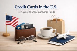 A clean composition featuring a wallet with multiple credit card options partially visible, placed next to a small American flag, a coffee cup, a shopping bag, and travel items like a passport and a miniature airplane, symbolizing how credit card benefits in the U.S. influence consumer spending, travel, and lifestyle choices.