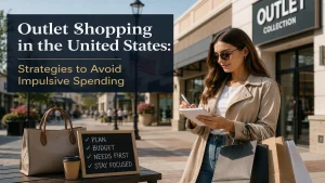 Woman shopping at a modern outlet mall in the United States while checking a spending list, representing smart strategies to avoid impulsive purchases and manage budgets effectively.