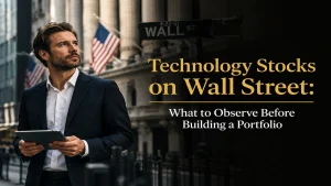 Professional investor on Wall Street holding a tablet near the New York Stock Exchange, representing technology stocks and smart portfolio planning in modern financial markets.