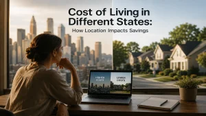 Woman comparing urban and suburban living costs from a modern workspace, illustrating how location influences savings and everyday financial decisions in the United States.