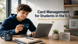 College student using a payment card while studying on a laptop, representing smart card management and financial responsibility for students in the United States.