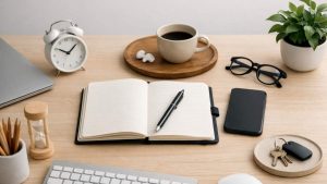 Organized desk with an open notebook, pen, coffee cup, alarm clock, smartphone, glasses, keys, keyboard, laptop and plant.