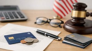 Credit cards, coins and a pen on financial documents, with a calculator, glasses, U.S. flag and judge’s gavel in the background.