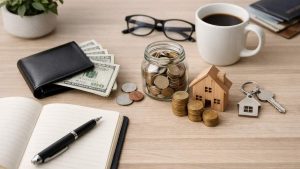 Personal finance items on a desk, including cash, a wallet, coins in a jar, stacked coins, a small house model, keys, notebook, pen, glasses and coffee.